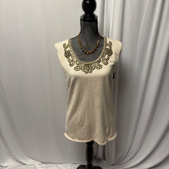 Cyrus Beige Embellished Sleeveless Knit Top Womens Size Medium Beaded Scoop Neck - Picture 1 of 10